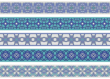 Bej, turkuaz ve mavi tonlarında soyut elementlerden oluşan beş resimli dekoratif kenarlık kümesi