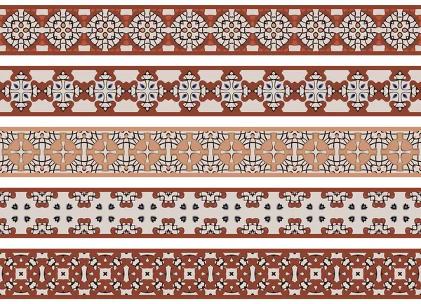 Bej, mavi ve kahverengi tonlarında soyut elementlerden oluşan beş resimli dekoratif kenarlık kümesi