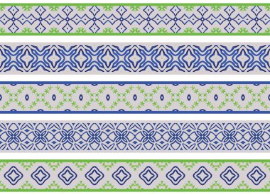 Bej, yeşil ve mavi olmak üzere soyut elementlerden oluşan beş resimli dekoratif kenarlık kümesi