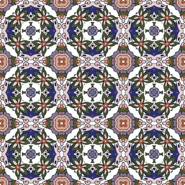 Beyaz, pembe, kahverengi, yeşil, mavi ve siyah olmak üzere soyut elementlerden oluşan kusursuz desenli.