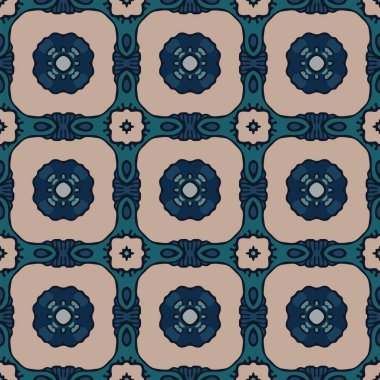 Bej, turkuaz ve mavi tonlarda soyut elementlerden yapılmış kusursuz desenli.