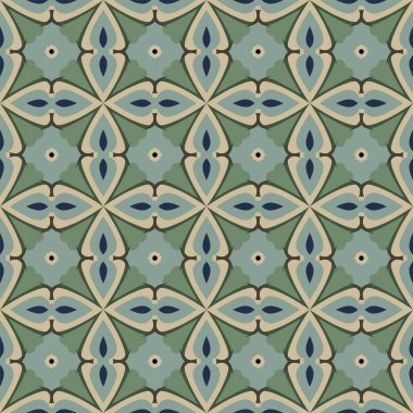 Bej, yeşil, mavi ve gri gibi soyut elementlerden oluşan kusursuz desenli.