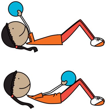 Karikatür vektör çizimi. Spor yapan bir kız. İlaç topuyla kazak çıtırdatma.