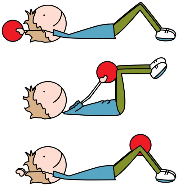 Cartoon Vector Illustration Boy Exercising Ball Transfer Lying Floor — Stock Vector