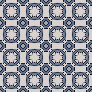 Bej, mavi ve siyah renkli soyut elementlerden yapılmış kusursuz resimli desen