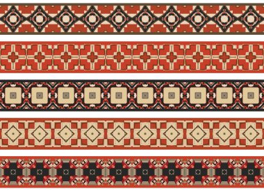 Bej, kahverengi, kırmızı ve siyah olmak üzere soyut elementlerden oluşan beş resimli dekoratif kenarlık kümesi