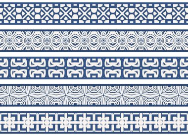 Beyaz ve mavi tonlarında soyut elementlerden oluşan beş resimli dekoratif kenarlık kümesi