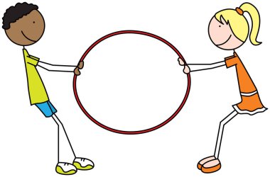 Hula hoop halkası çeken bir kız ve erkeğin çizgi film çizimi