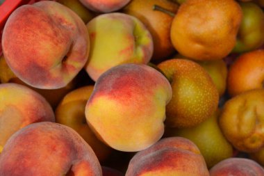 Taze toplanmış şeftali ve Asya armutlarının ayrıntıları