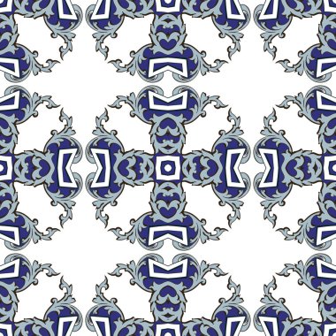 Beyaz ve mavi tonlarında soyut elementlerden oluşan kusursuz resimli desen