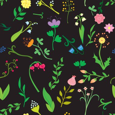 Seamless pattern made of illustrated colorful flowers on black background clipart