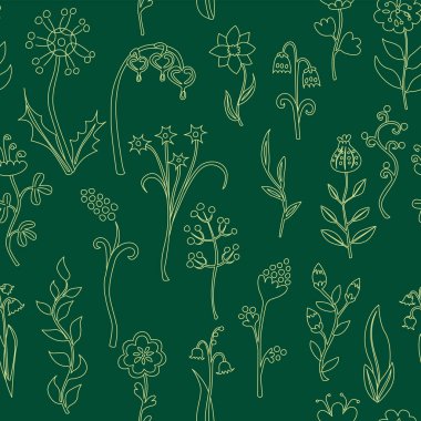 Yeşil arkaplanda çizilmiş resimli çiçeklerden oluşan kusursuz desen