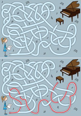 Girl and piano maze maze for kids with a solution clipart