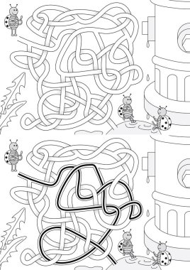 Uğur böcekleri küçük bacaklarını yangın musluğundan sızan bir su birikintisinde soğutuyorlar. Siyah beyaz çözeltisi olan çocuklar için labirent.