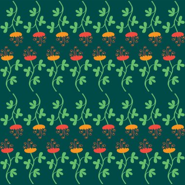 Koyu yeşil arka planda kırmızı ve turuncu renklerden oluşan kusursuz desen