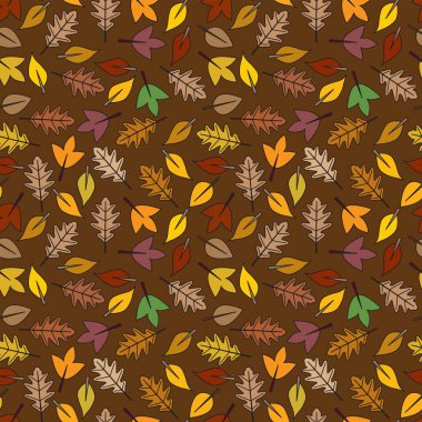 Kahverengi arkaplanda sonbahar renklerinde yapraklardan yapılmış kusursuz resimli desen