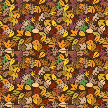 Kahverengi arkaplanda sonbahar renklerinde yapraklardan yapılmış kusursuz resimli desen