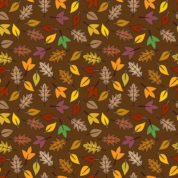 Kahverengi arkaplanda sonbahar renklerinde yapraklardan yapılmış kusursuz resimli desen
