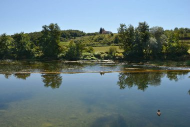Dobra Nehri 'nin ve Jaskovo yakınlarındaki barajın sakin sularının gökyüzünü ve ağaçları yansıttığı ve bir ördeğin yüzdüğü huzurlu bir sahnesi.