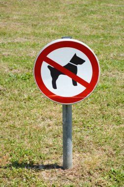 Yeşil bir çimenlikte köpeğe izin verilmeyen bir tabela, halka açık bir alanda yasak mesajı iletiyor.