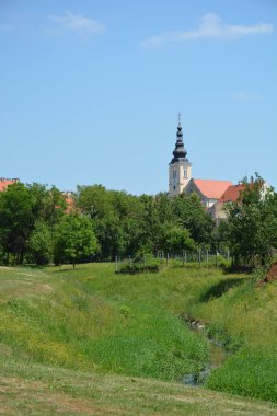 A picturesque view of St. Nicholas Church in Jastrebarsko, Croatia, captured from Erdody Park, showcasing its steeple against a bright blue sky clipart