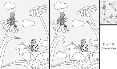 Anaokulu çocukları için eğitici bir oyun - farklılıkları bulmak - uğur böceklerinin siyah-beyaz çözümü olan çizgi film çizimi