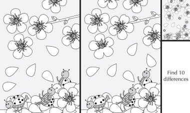 Anaokulu çocukları için eğitici bir oyun - farklılıkları bulmak - uğur böceklerinin siyah-beyaz çözümü olan çizgi film çizimi