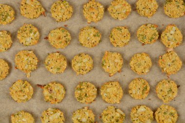 Parşömen kağıdına yerleştirilmiş fırınlanmış soya köfteleri, altın-kahverengi renklerini ve desenli yüzey dokusunu gözler önüne seriyor.