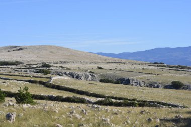 Hırvatistan 'ın Krk adasında Baska' dan Vela Luka 'ya uzanan manzaralı bir yürüyüş yolu, geleneksel kuru taş duvarları olan engebeli, kayalık bir araziden geçiyor