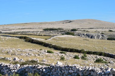 Hırvatistan 'ın Krk adasında Baska' dan Vela Luka 'ya uzanan manzaralı bir yürüyüş yolu, geleneksel kuru taş duvarları olan engebeli, kayalık bir araziden geçiyor