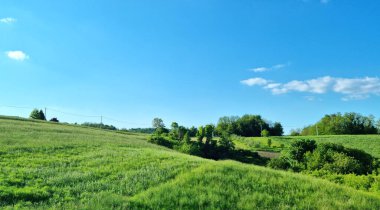Gornje Psaru 'dan sakin, geniş bir manzara doğuya bakıyor yeşil çayırlar ve ince bulutlu uçsuz bucaksız mavi gökyüzünün altındaki dağınık ağaçlar.