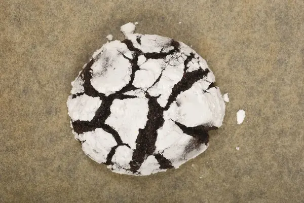 Taze pişmiş çikolatalı buruşuk kurabiye karakteristik çatlak yüzeyi ve pudra şekerli kaplamalarıyla pişirme kağıdının üzerine uzanır.