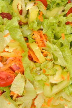 Taze yeşil salatanın canlı bir yakın çekimi gevrek marul, doğranmış havuç, dolmalık biber ve sulu domatesler içerir.