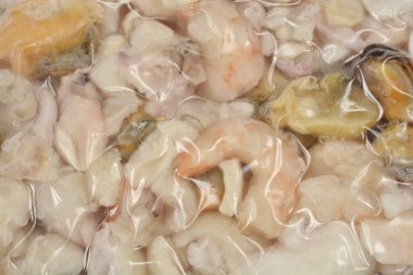 Donmuş deniz ürünleri, mürekkep balığı, midye ve karides parçalarıyla yakın çekim görüntüsü.