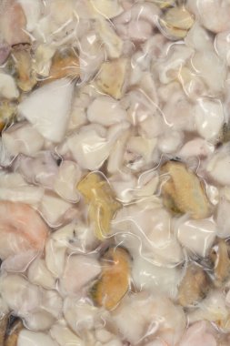 An extreme close-up macro shot shows the texture of mixed frozen seafood pressed tightly against the vacuum-sealed plastic packaging