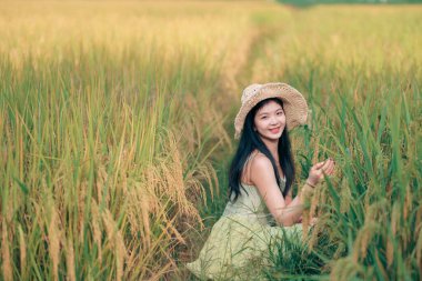 Relaxed brunette girl walking on rice fields