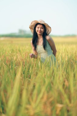 Relaxed brunette girl walking on rice fields