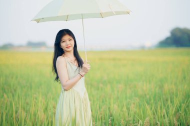 Relaxed brunette girl walking on rice fields