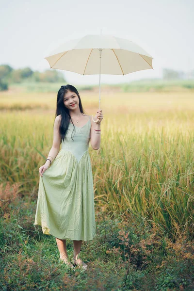 Relaxed Brunette Girl Walking Rice Fields — ストック写真