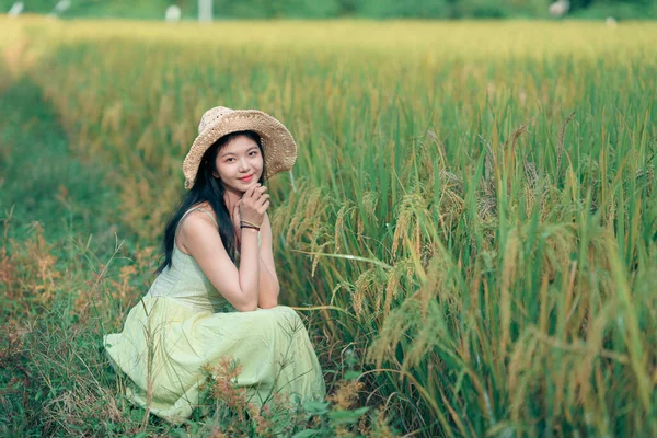 Relaxed Brunette Girl Walking Rice Fields — Stock fotografie