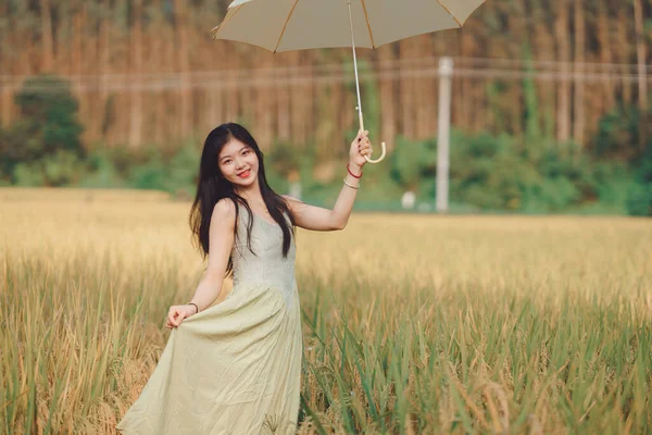 Relaxed Brunette Girl Walking Rice Fields — Φωτογραφία Αρχείου