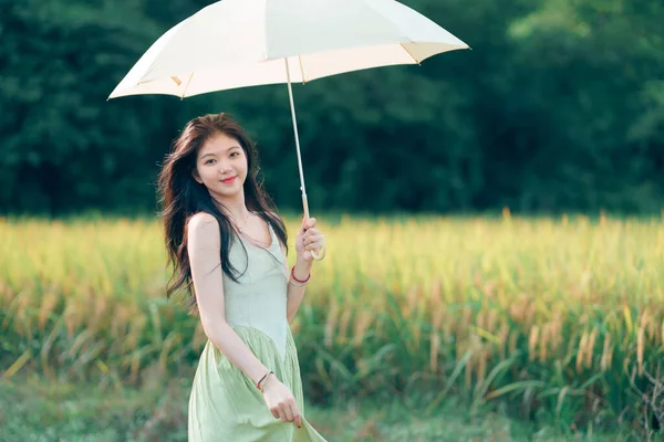 Relaxed Brunette Girl Walking Rice Fields — 스톡 사진