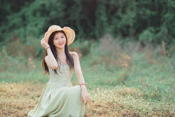 Relaxed Brunette Girl Walking Rice Fields — Stock Fotó