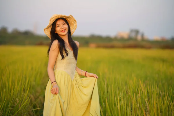 Relaxed Brunette Girl Walking Rice Fields — Zdjęcie stockowe