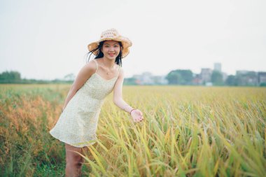 Relaxed brunette girl walking on rice fields