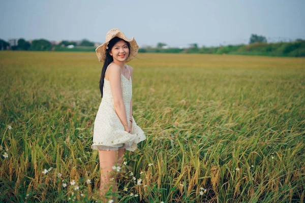 Relaxed Brunette Girl Walking Rice Fields — 스톡 사진