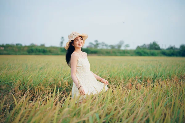 stock image Relaxed brunette girl walking on rice fields