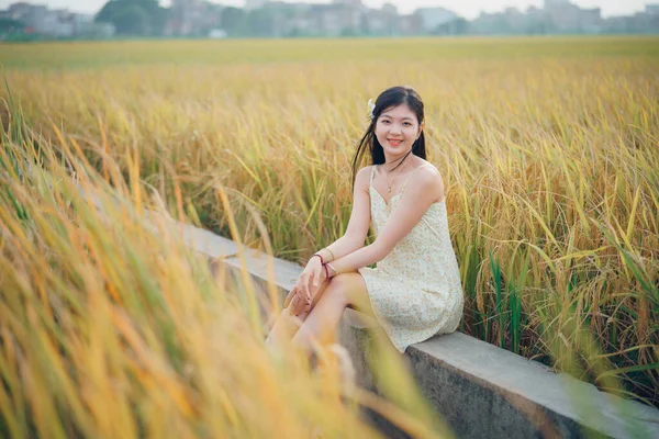 Relaxed Brunette Girl Walking Rice Fields — 图库照片