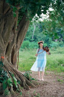 Kız büyük ağacın altında keman çalıyor.