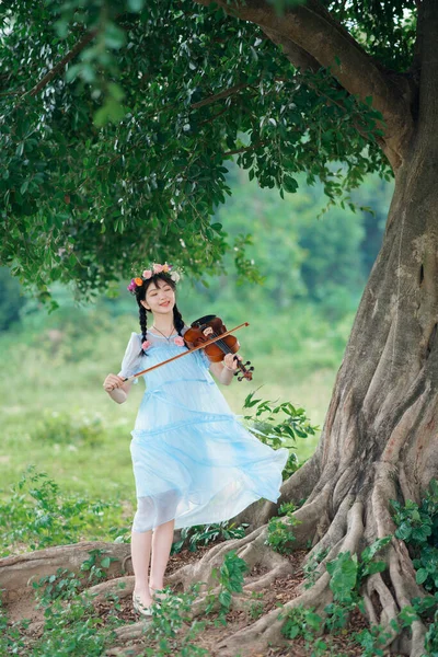 stock image The girl is playing the violin under the big tree